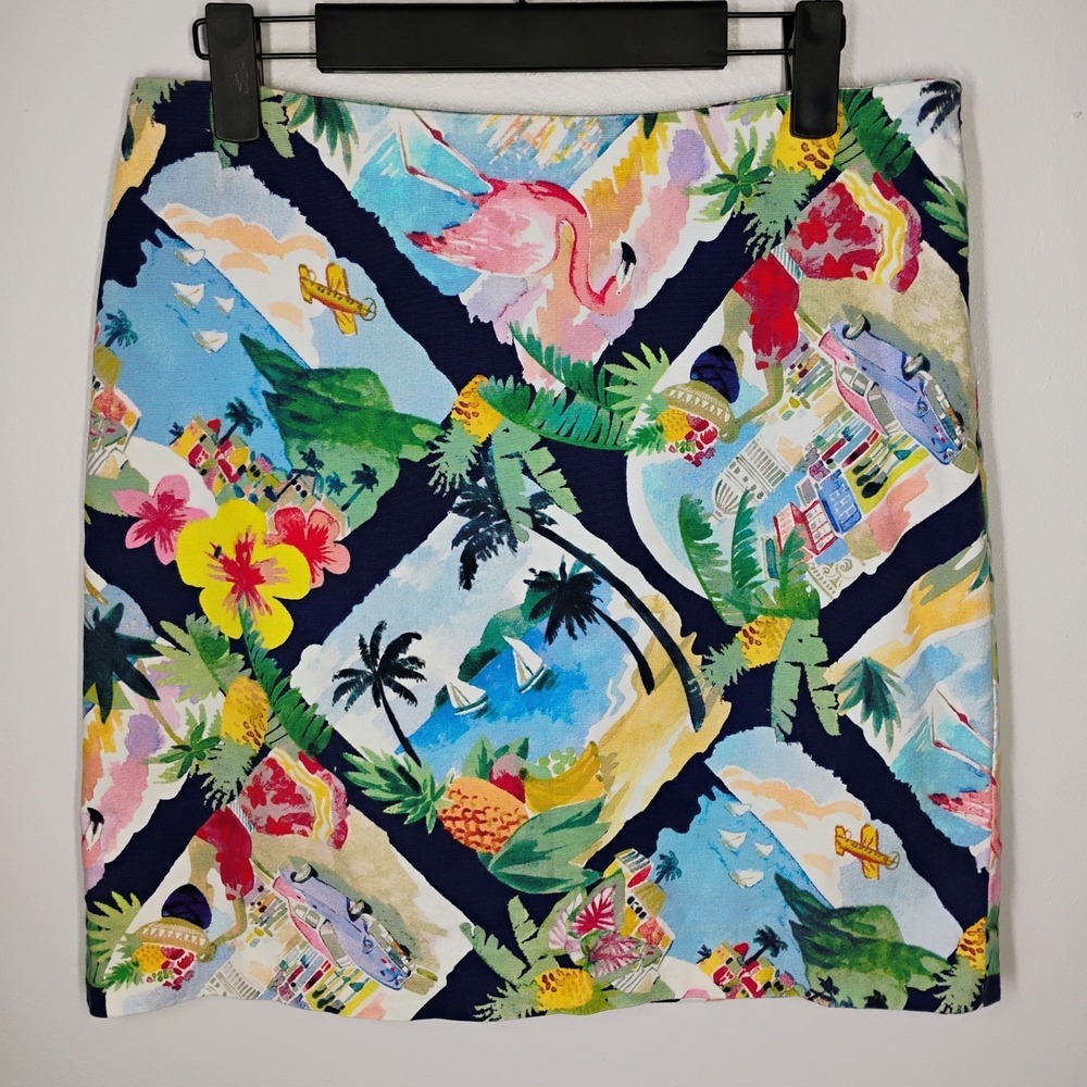 Talbots Womens Skirt 6 Petite Tropical Floral Print Flamingo Pineapple Shells